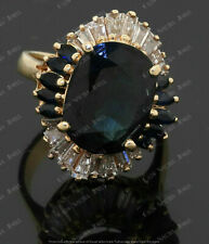3CT Oval Cut Blue Sapphire Simulated Cluster Ring 925 Silver Yellow Gold Plated