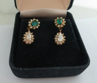Pendientes colgantes de diamantes naturales y esmeraldas reckt en forma de pera de 2 quilates oro 14k (k) Foto 1 de 4
