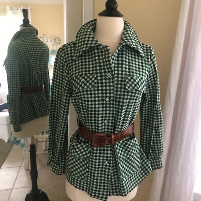 Y2K Shacket Shirt W/Belt Large Green Check Dagger Collar Button L/S Preppy 90s - Image 1 of 4