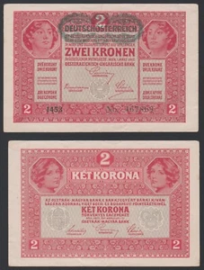 Austria 2 kronen 1917 1919 Deutschösterreich Overprint P50 Block 1453 aVF - Picture 1 of 8