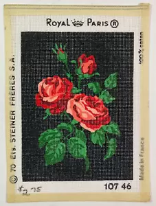 4 Roses on Black Background Royal Paris Needlepoint Canvas #107 46 Vintage - Picture 1 of 3