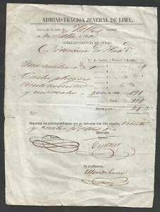 PERU, 1852, POST OFFICE DOCUMENT, RARE! - Picture 1 of 1