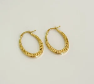 14k Solid Gold Greek Hoops, Meander Earrings, Greek Key, Real 585 Yellow Gold - Picture 1 of 6