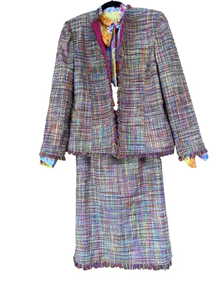 Silk Tweed Multi Color Three Piece Ladies Suit Size 6 - Image 1 of 4