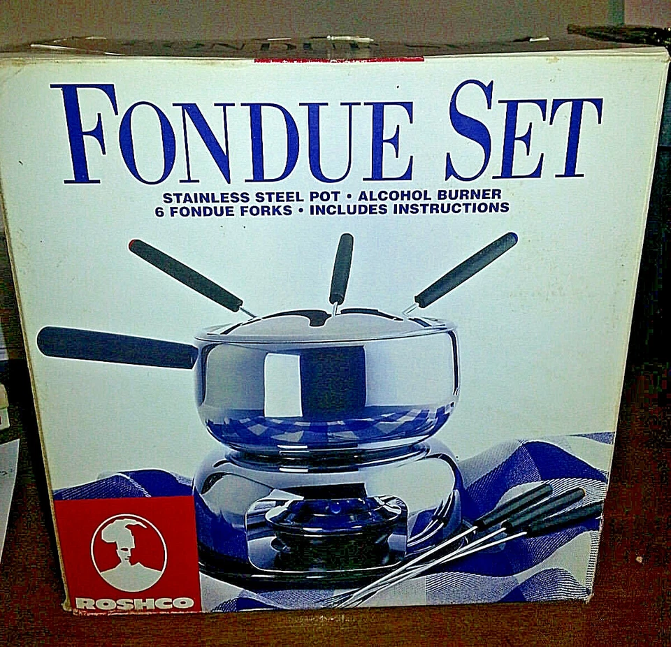 Roshco Fondue Set Alcohol Burner Stainless Steel Pot & 6 Forks W2076