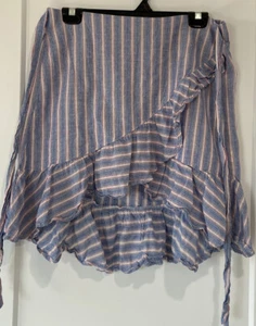 Venus Womens Skirt Large Blue Red White Stripe Ruffle Crossover High Lo Front - Picture 1 of 9