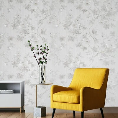 Floral plants off white satin pearl cream faux fabric textured flowers Wallpaper - Image 1 of 4