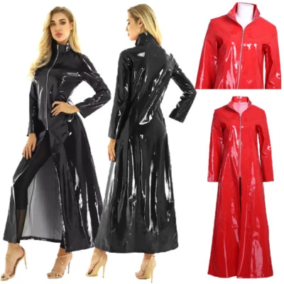 Women's Fashion PVC Leather Coat Long Jacket Windbreaker Leather Trench Overcoat - Image 1 of 4