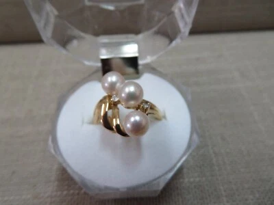 14k Solid Y. Кольцо с культивированным золотом 5,7 мм жемчугом и бриллиантами 3,7 грамма размер 6 - Изображение 1 из 4