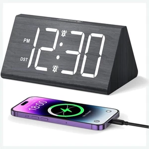 LED Digitaler Wecker Holz 7 Zoll mit Alarm & USB Ladeanschluss - Bild 1 von 11