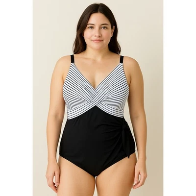 Traje de baño para mujer talla 2XL negro blanco a rayas una pieza acanalado retro elegante costero Foto 1 de 4
