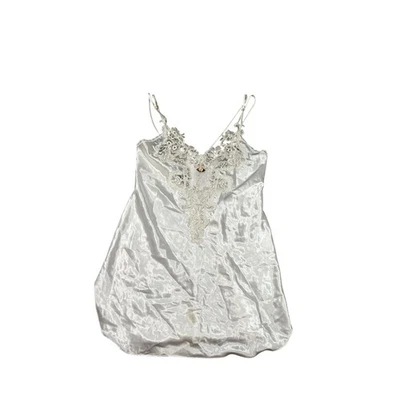 Mediano - Vintage Vestido sin Mangas de Satén Blanco Dinastía California Encaje, Lencería Rosa Foto 1 de 4