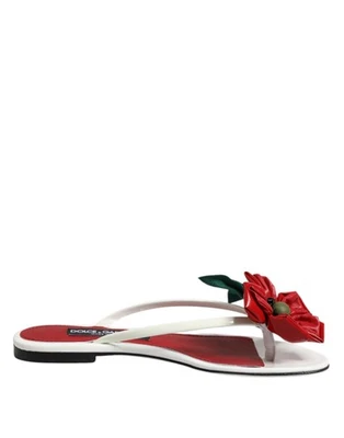 DOLCE&GABBANA KEIRA Women Red White Sandals 100% Leather Floral Slide Flat Shoes - Image 1 of 4