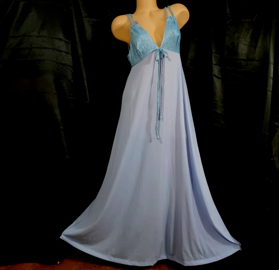 Vintage BEELINE Long Hostess Slip Dress SPARKLING BLUE MAXI Plunge Neck MEDIUM - Image 1 of 4