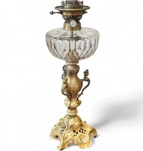 Victorian Figural Duplex No 2 Burner Lamp Cut Glass Font Gilt Metal Electrified - Picture 1 of 17