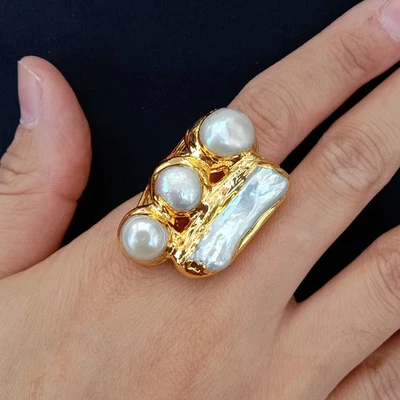 Anillos de dedo de perlas Biwa Potao blancas cultivadas ajustables para mujer anillo de cóctel Foto 1 de 4