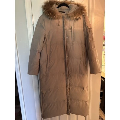 DKNY Down Puffer Coat Genuine Fur Trim Removable Beige Neutral Women's Large - Image 1 of 4