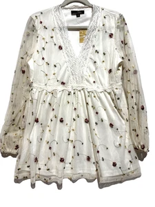 Suzanne Betro Damen Gr. M Babydoll Oberteil elfenbein Blumenstickerei transparenter Akzent Boho - Bild 1 von 11