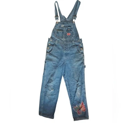 REVOLT VTG Distressed Denim Butterfly Patch Overalls | SZ L - Image 1 of 4
