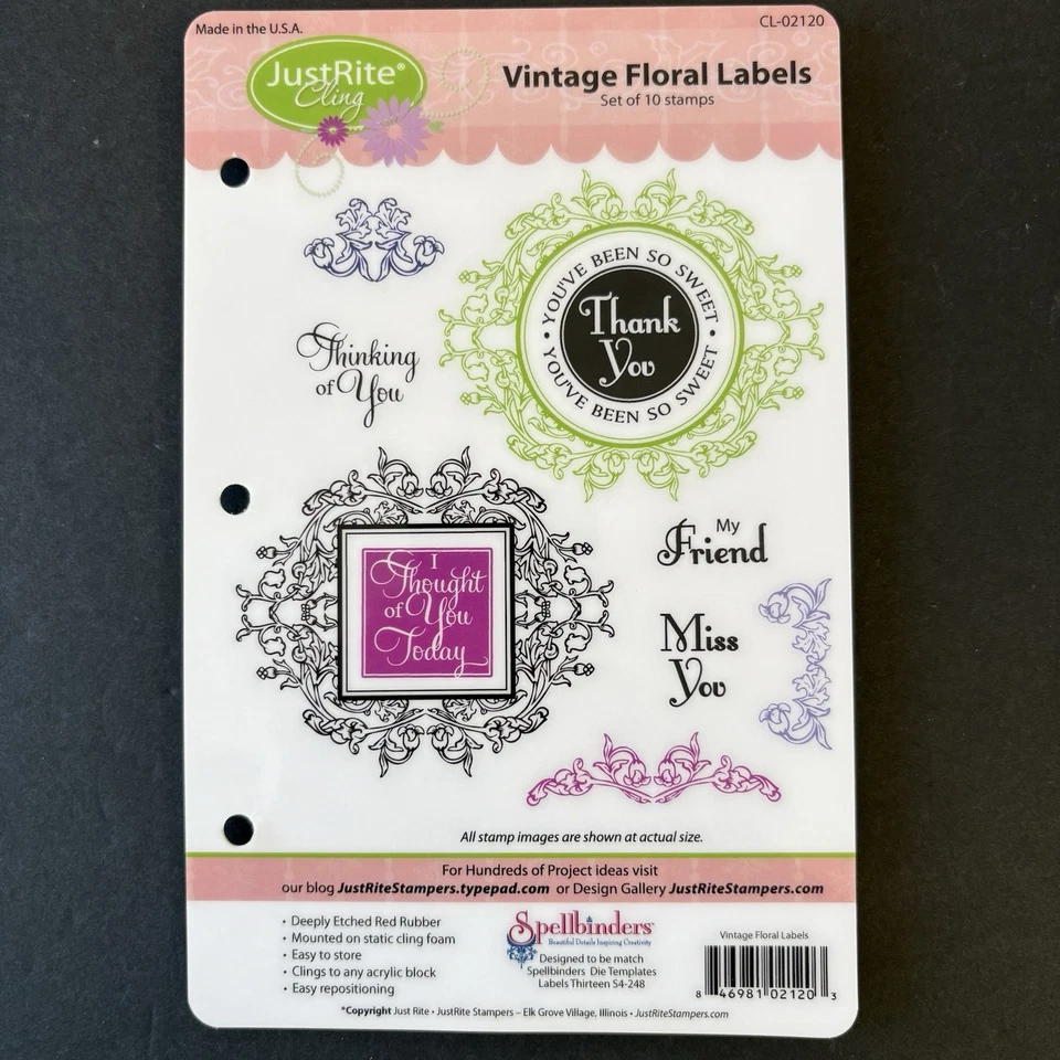 Etiquetas florales vintage JustRite gracias pensamiento en ti estampillas de goma adhesivas Foto 1 de 3