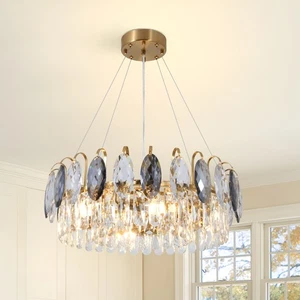 24" Gold Crystal Chandelier, Luxury Round 3-Tiers Glass 6-Light Pendant Lighting - Picture 1 of 11
