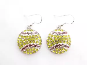 Softball Yellow Crystal Fashion Earrings Jewelry Wire Hook Player Mom - Picture 1 of 1