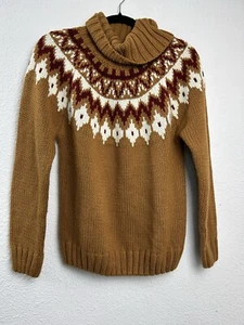Rachel Zoe Brown Fair Isle Turtleneck Knit Sweater Thick Heavyweights Size M - Picture 1 of 12
