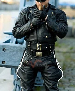 Herren Echtleder Polizeiuniform Hosen 2 weiße Streifen Hosen / Jodhpurs - Bild 1 von 2