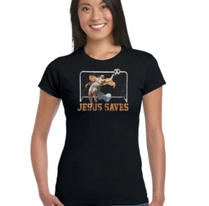 Jesus Saves Womens Funny Atheist Football T-Shirt Atheism God Footy Top Kit Game - Picture 1 of 2