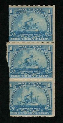 US Revenue 1898 R163 Battleship Documentary Tax Stamp 1c Strip of 3 Miscut MNH - Image 1 of 2