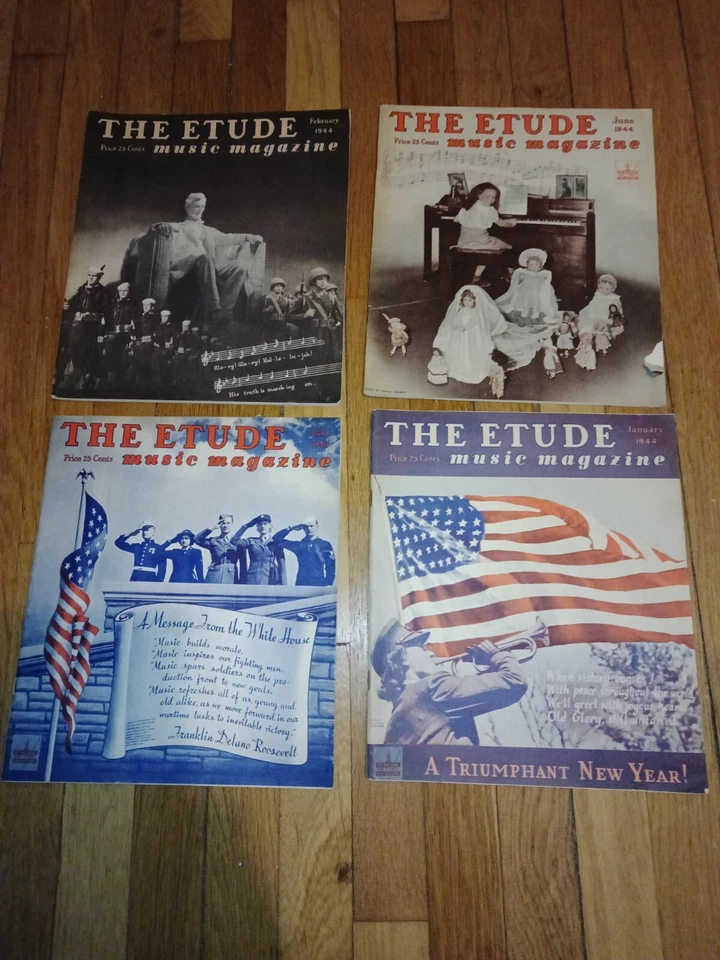 Lot of 4 Old Vintage 1943 - 1944 Etude Magazines - w/ Flag Military Etc - Image 1 of 4