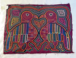 VTG w Tag Hand Sewn Mola 2 Birds & Heart Panama Applique Folk Art Textile 16x13 - Picture 1 of 8
