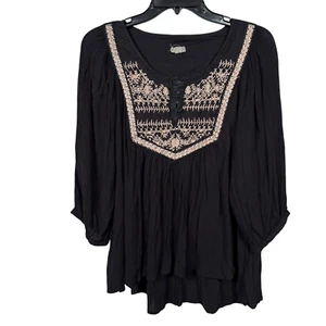 Ecote Top Blouse Womens Large Dark Gray Beige Embroidered Peasant Boho Crinkle - Picture 1 of 10