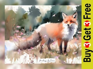 Charming Fox in Wildflower Meadow Watercolor Painting Print 5"x7" on Matte Paper - Picture 1 of 7