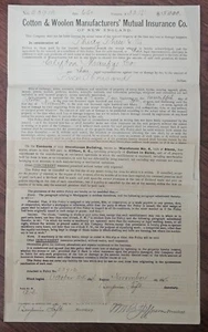 1895 COTTON & WOOLEN MANUFACTURER'S ..... Vintage Insurance Policy - Picture 1 of 5