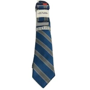 Zenio Men's Tie with Two Hankies Set Slim Cobalt Blue Charcoal Gray Microfiber