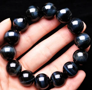 Bracciale perle tonde 16 mm naturale occhio di tigre blu cristallo pietre preziose AAA - Foto 1 di 6