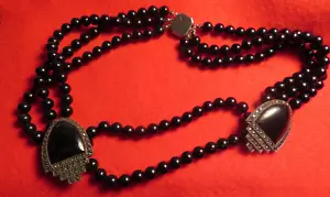 Collana Vintage Art Deco Marcasite 2 Scudi Multi Filo Onice Nera Sterling - Foto 1 di 19