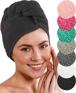 Asciugamano Turbante Deluxe Con Bottone per Capelli Corti E Lunghi - Spugna Di C - Foto 1 di 12