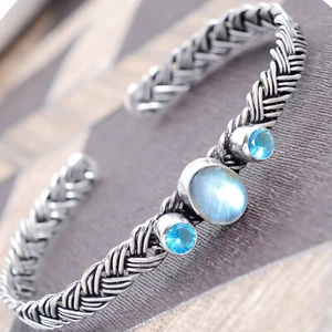 Labradorite, Blue Topaz Gemstone Bracelet 925 Sterling Silver Cuff Bangle - Picture 1 of 6