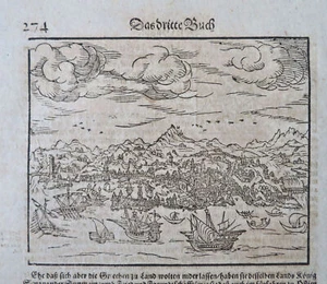Marseille Hafenansicht Schiffe 1628 Münster Kosmographie Holzschnitt Druck Stadtansicht - Bild 1 von 2