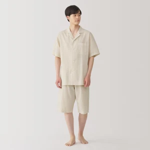 Pijama de manga corta MUJI para hombre 100 % algodón orgánico Seersucker beige a rayas FedEx - Imagen 1 de 10