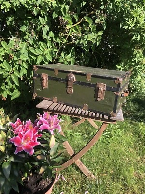 Große Antike Reisetruhe Holz Metall Tisch Grün Truhe Couchtisch - Bild 1 von 4