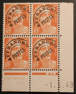 Bloc de 4 timbres - Coin daté - Marianne de GANDON - Neuf ** - YT Préo 99 - 1949 - Bild 1 von 2