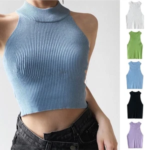 Sleeveless sexy vest, halter neck, crop top, cinched waist, threaded knitted top - Picture 1 of 19