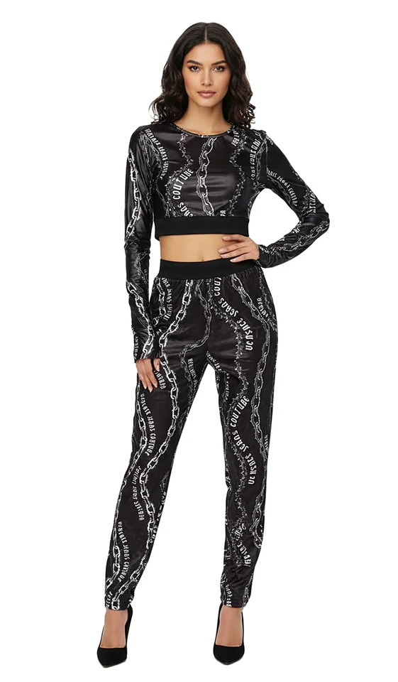 Blusa cropped Versace Jeans Couture preta manga longa estampa corrente - - Imagem 1 de 4