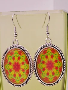 Vintage Style Pierced Earrings, Glass, Yellow/Orange 1" - Picture 1 of 2