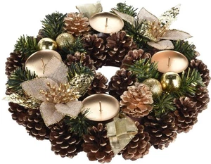 Adventskranz Mit Zapfen Goldenen Kugeln Und Stoffblüten Weihnachtsdekoration - Bild 1 von 6