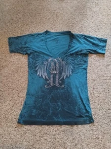 T-shirt Throwdown Premium da donna grande L blu Y2K ali scollo a V teschi biker - Foto 1 di 6
