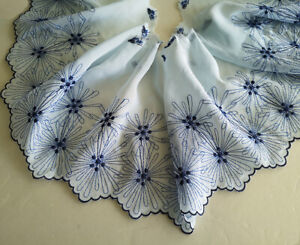 5 Yards 7.5" Wide Baby Blue Chiffon Lace/Embroidered Navy/Silver Flower b0306